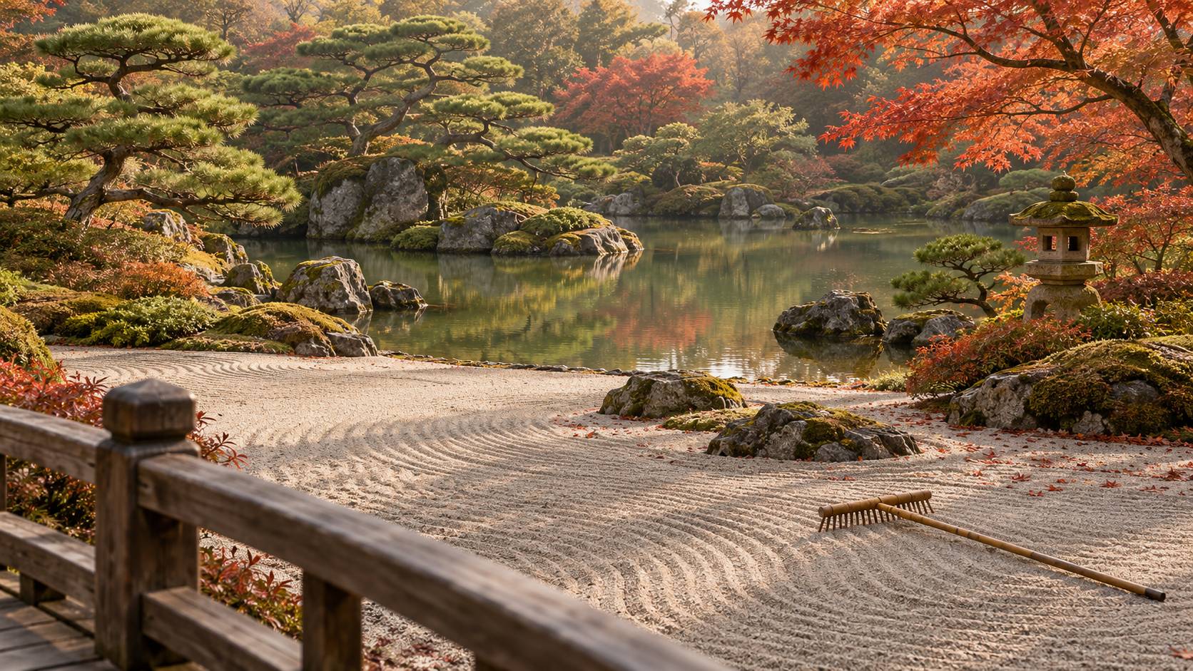 Jardin japonais générique avec bassin calme, rochers gris, pins taillés et érable rouge