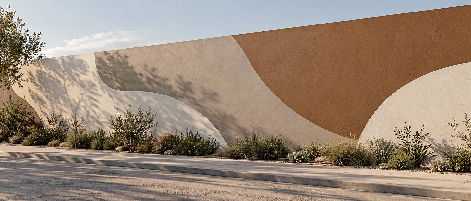 Mur extérieur peint de larges aplats de couleurs mates aux formes abstraites