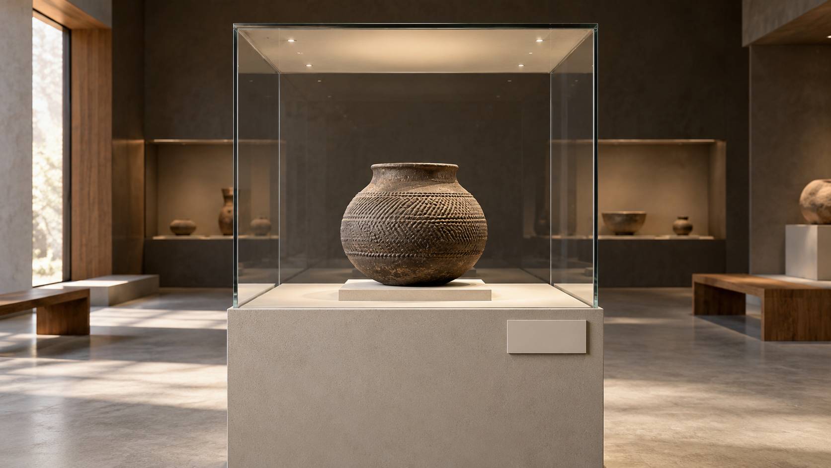 Poterie prehistorique aux empreintes de corde presentee dans une vitrine de musee