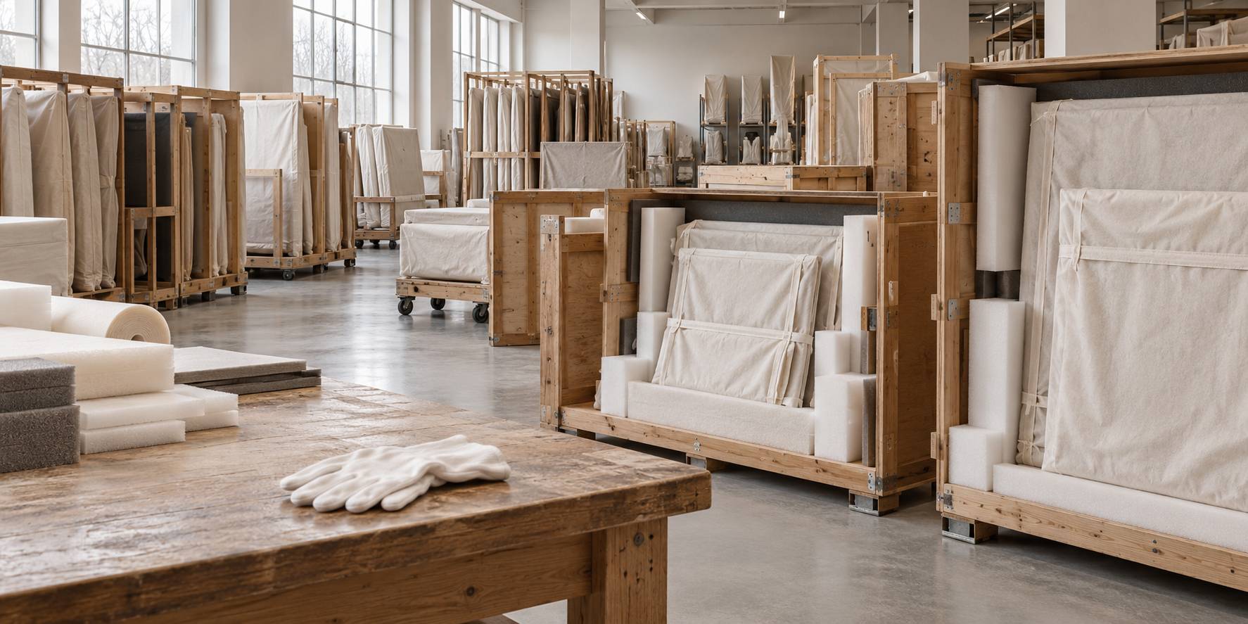 Réserve de musée avec caisses en bois et tableaux emballés sous housse