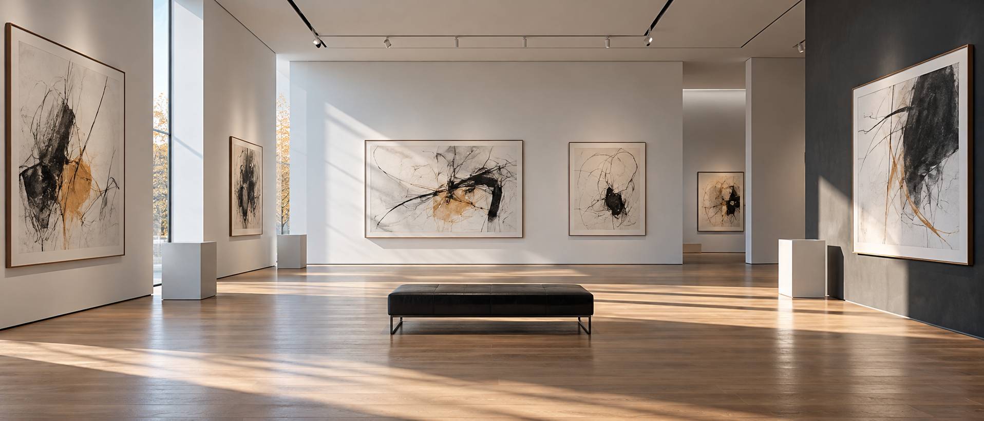 Salle d'exposition avec dessins encadrés aux traits abstraits et cimaises blanches