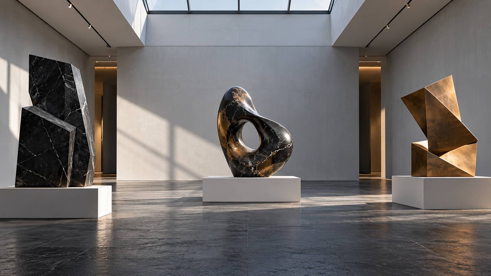 Salle d'exposition avec sculptures abstraites sur socles blancs et éclairage zénithal