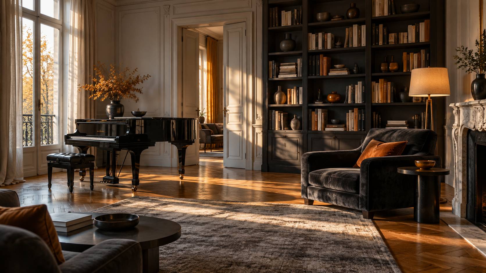 Salon de maison de caractère avec piano à queue fermé, bibliothèque de livres aux dos unis et parquet ancien