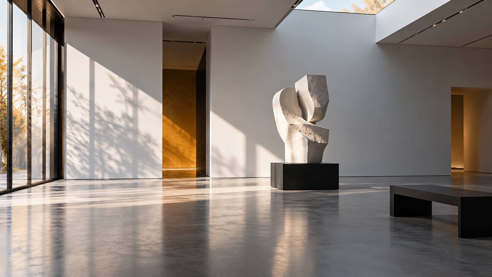 Sculpture abstraite en plâtre sur socle dans une salle de musée baignée de lumière