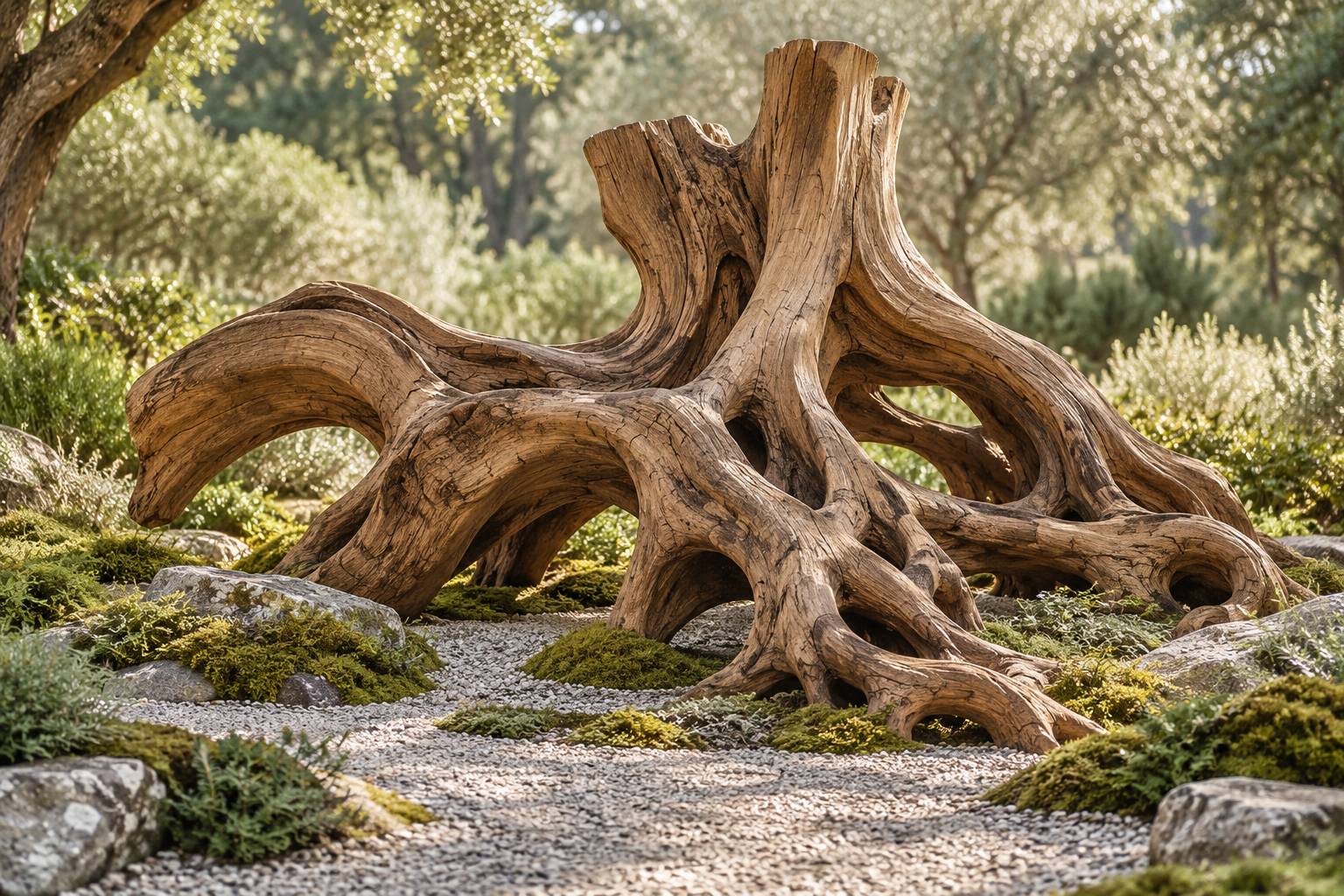 Sculpture en bois sculpte evoquant un tronc et des racines dans un jardin sous une lumiere filtree