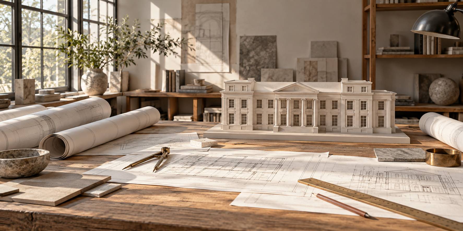 Table d'architecte avec plans, compas de laiton et maquette de façade classique
