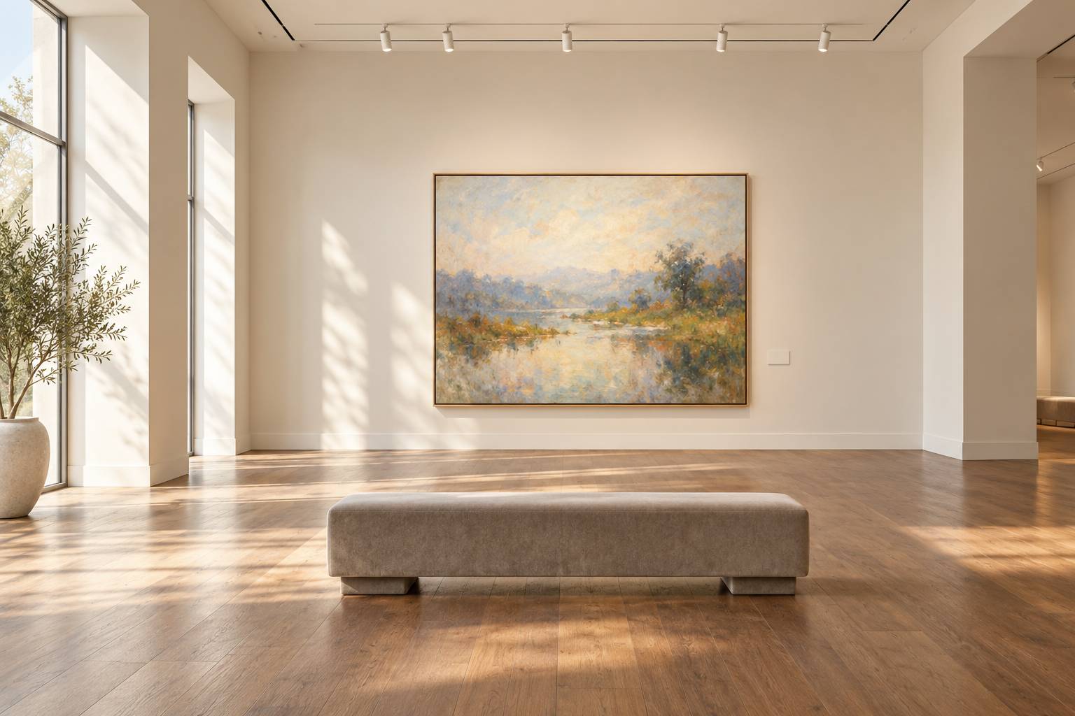 Tableau de paysage impressionniste encadré sur une cimaise de galerie