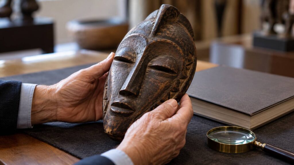 Illustration de détail sur le sujet : Un couple de retraités découvre par hasard un masque africain rare vendu aux